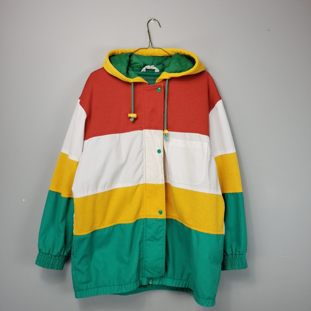 90s Vintage Striped Zip Light Jacket Hooded Large